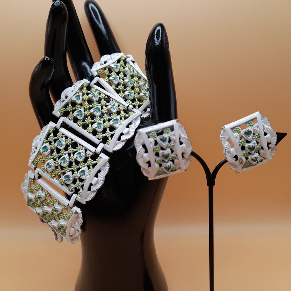 Vintage White Green Enamel Jewelry: Bracelet Clip Earrings, Mid-Century Jewelry
